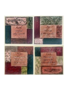 Set of 4 Inspirational Rustic Textured Ceramic Wall Art- Faith, Joy, Hope, Love